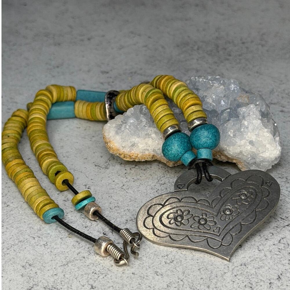 Vintage Gastineau Pewter Heart Pendant with Wooden beads green blue boho art